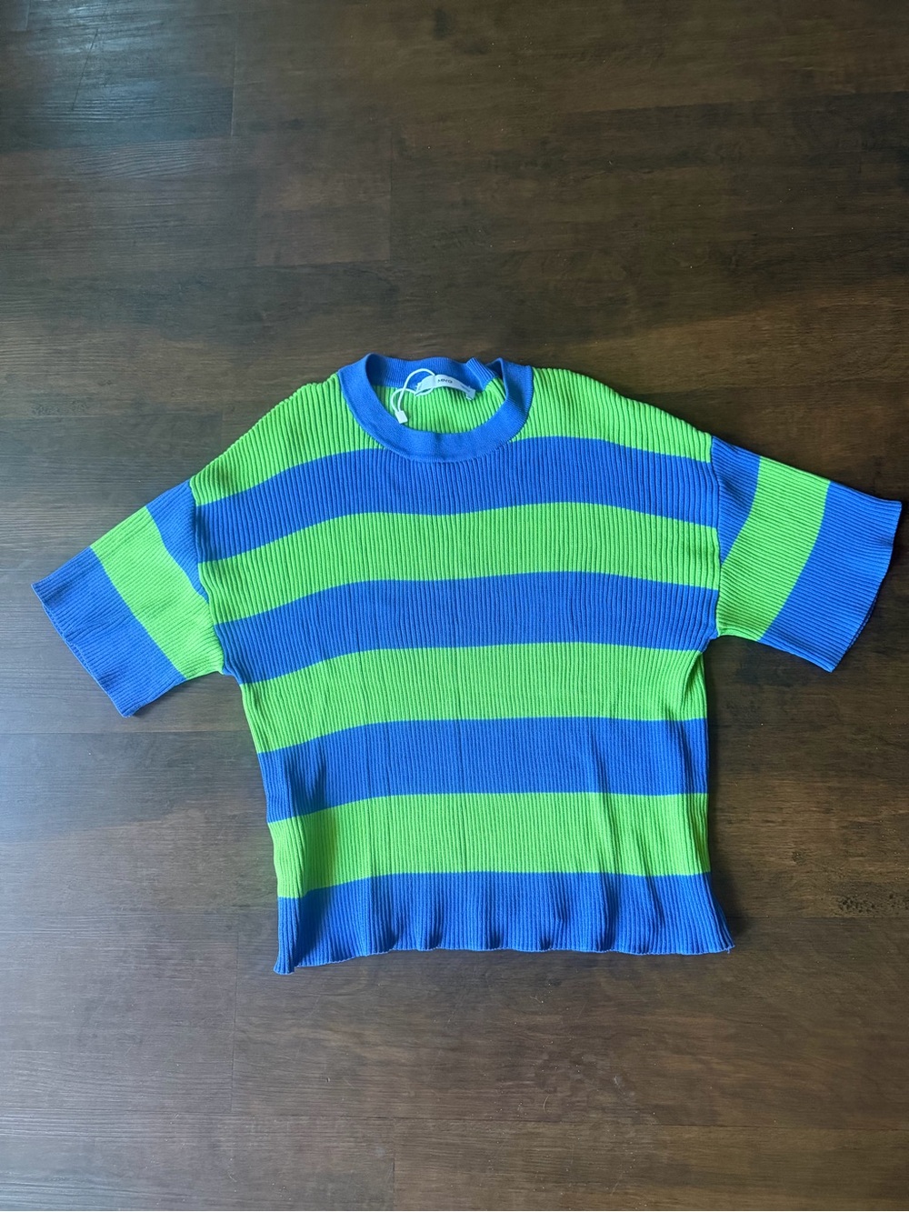 Mango Blue and Lime Green Striped Ribbed Short Sleeve Top Small